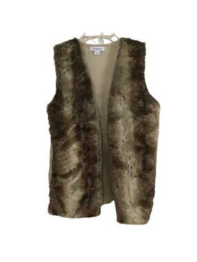 Liz Claiborne Womens Large Faux Fur Brown Beige Open Front Knit Vest